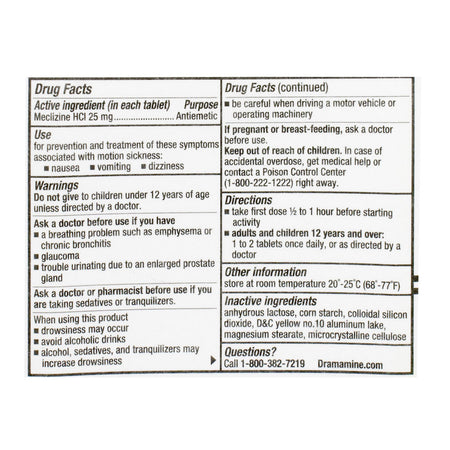 Dramamine Motion Sickness Less Drowsy Relief Tablets - Card of 2