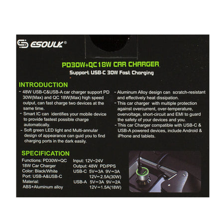 Esoulk Fast Car Dual Charger PD + QC - 48 W