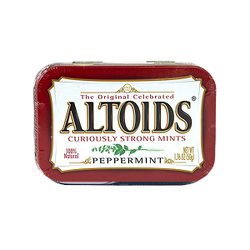 Altoids peppermint tin on a white background