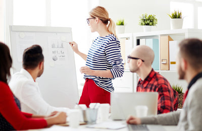 Person giving a presentation to a group of people in an office setting