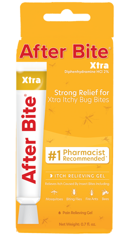 Packaging of After Bite Xtra Itch Relieving Gel in a tube with a yellow and white color scheme, labeled for relief of itchy bug bites.