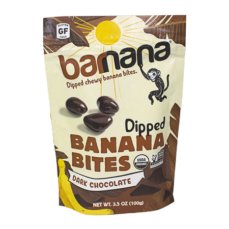 A package of Barnana Dark Chocolate Dipped Banana Bites. The packaging is predominantly brown and yellow, with images of bananas and dark chocolate pieces.